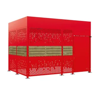 Abri 2 roues 4 m avec bardages bois et acier rouge