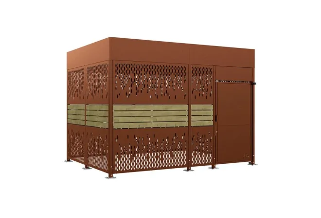 Abri 2 roues de 4 mètres de longueur, avec bardage bois et acier corten