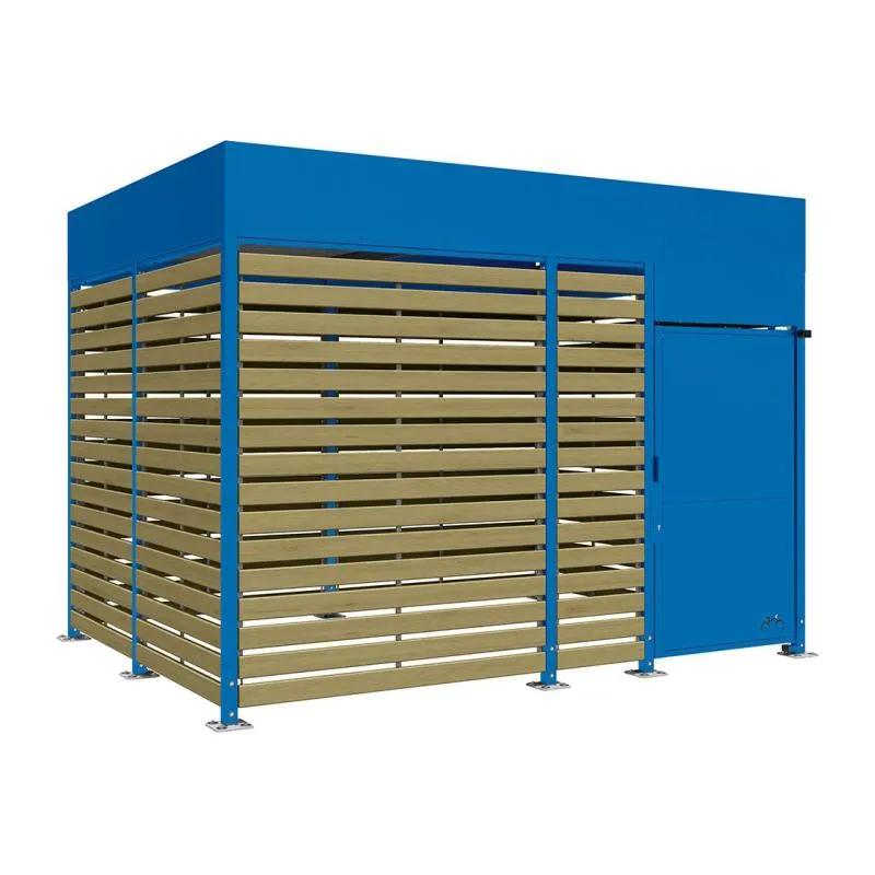 Abri vélos 4 m acier bleu et bardage bois