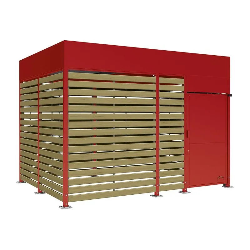 Box vélo métallique coloris bordeaux, bardages bois, 4 m