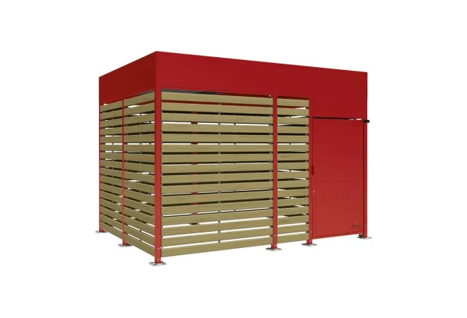 Box vélo métallique coloris bordeaux, bardages bois, 4 m