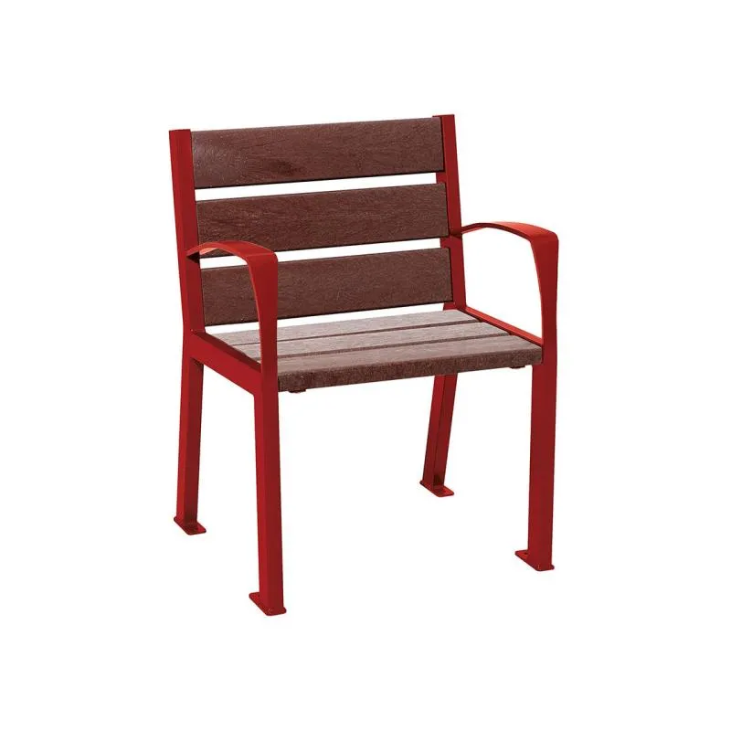 Fauteuil acier bordeaux et lames plastique recyclé, avec accoudoirs