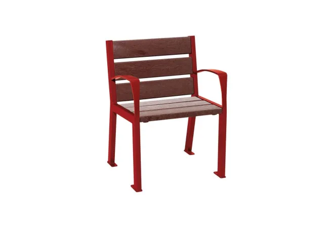 Fauteuil acier bordeaux et lames plastique recyclé, avec accoudoirs