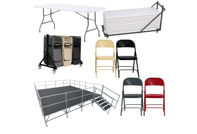 Lot complet de tables pliantes, chaises pliantes, chariot de transport et podium