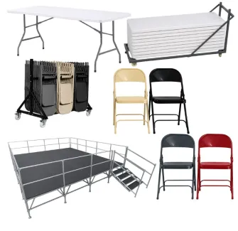 Lot complet de tables pliantes, chaises pliantes, chariot de transport et podium