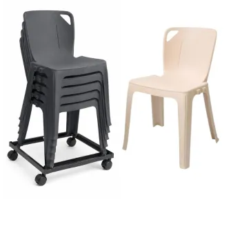 Lot de chaises empilables monobloc et cadre de transport sur roulettes
