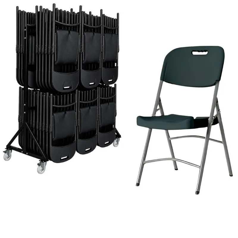 Lot de 52 chaises pliantes grises en plastique et chariot de transport Lot de 52 chaises pliantes grises en plastique et chariot de transport