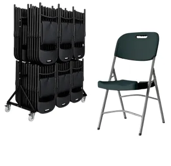Lot de 52 chaises pliantes grises en plastique et chariot de transport