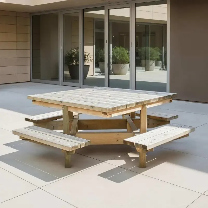 Table pique-nique carrée en bois devant un bâtiment Table pique-nique carrée en bois devant un bâtiment