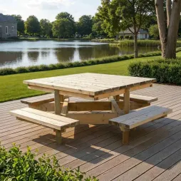 Table carrée en bois pique-nique dans un parc public Table carrée en bois pique-nique dans un parc public