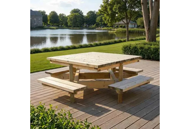 Table carrée en bois pique-nique dans un parc public Table carrée en bois pique-nique dans un parc public