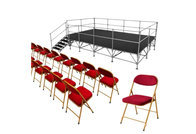 Lot chaises pliantes en velours rouge et podium estrade Lot chaises pliantes en velours rouge et podium estrade