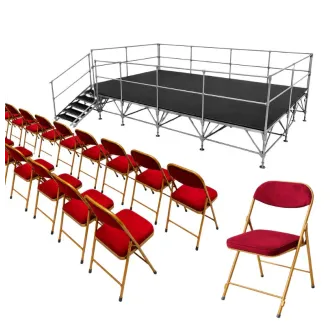 Lot chaises pliantes en velours rouge et podium estrade