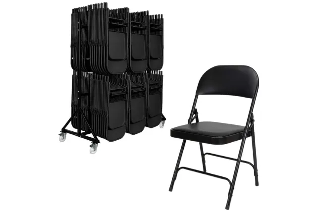 Lot de 60 chaises salles des fêtes en vinyle et chariot de transport Lot de 60 chaises salles des fêtes en vinyle et chariot de transport