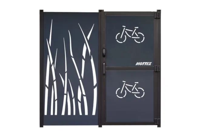Abri 2 roues sécurisé avec bardage ajouré motifs roseaux Abri 2 roues sécurisé avec bardage ajouré motifs roseaux