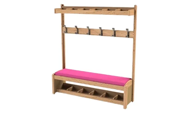 Banc vestiaire assise framboise avec 6 patères Banc vestiaire assise framboise avec 6 patères