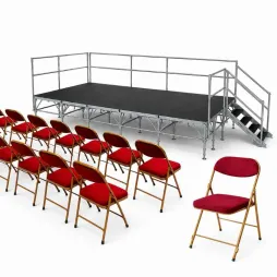 Lot chaises pliantes en velours rouge et podium estrad Lot chaises pliantes en velours rouge et podium estrad