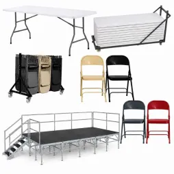 Lot complet de tables pliantes, chaises pliantes, chariot de transport et podium Lot complet de tables pliantes, chaises pliantes, chariot de transport et podium