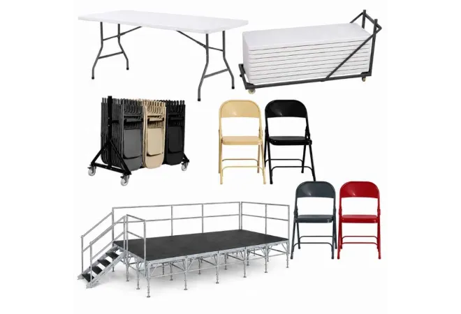 Lot complet de tables pliantes, chaises pliantes, chariot de transport et podium Lot complet de tables pliantes, chaises pliantes, chariot de transport et podium