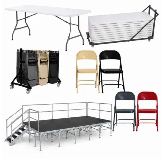 Lot complet de tables pliantes, chaises pliantes, chariot de transport et podium