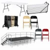 Lot complet de tables pliantes, chaises pliantes, chariot de transport et podium Lot complet de tables pliantes, chaises pliantes, chariot de transport et podium