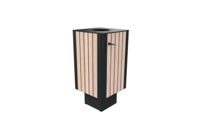 Poubelle urbaine HPL effet lames chêne clair et acier de 60 L