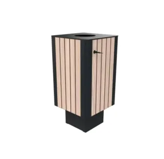 Poubelle urbaine HPL effet lames chêne clair et acier de 60 L