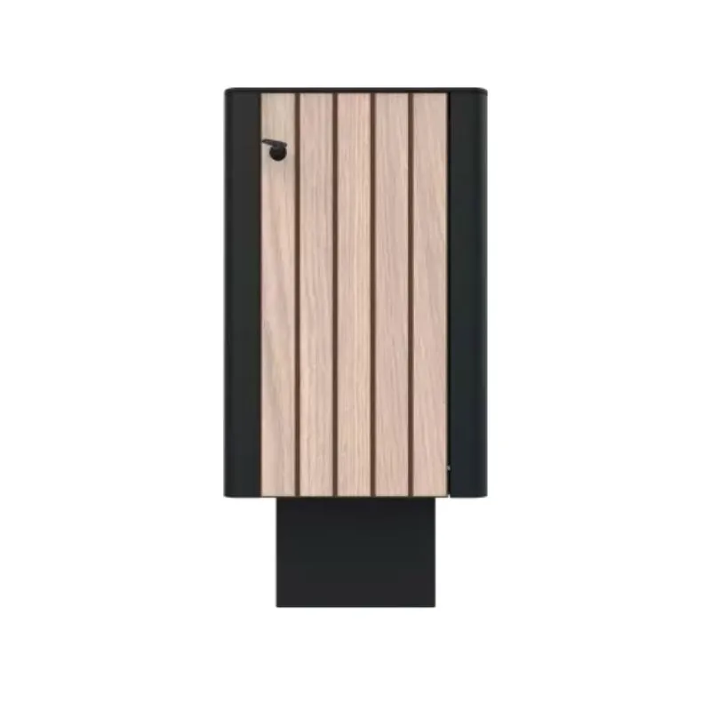 Poubelle publique HPL chêne clair effet lames verticales et acier, contenance 60 L