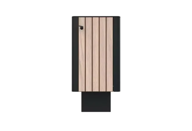 Poubelle publique HPL chêne clair effet lames verticales et acier, contenance 60 L
