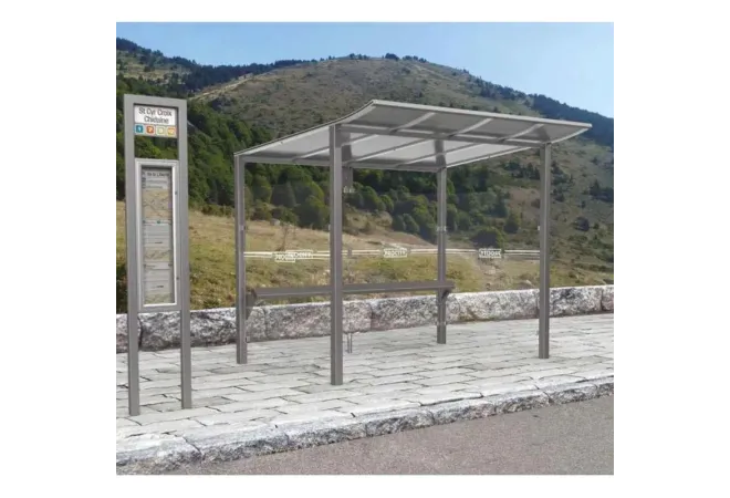 Abribus moderne en acier, coloris gris Procity, longueur 2500 mm en milieu rural Abribus moderne en acier, coloris gris Procity, longueur 2500 mm en milieu rural
