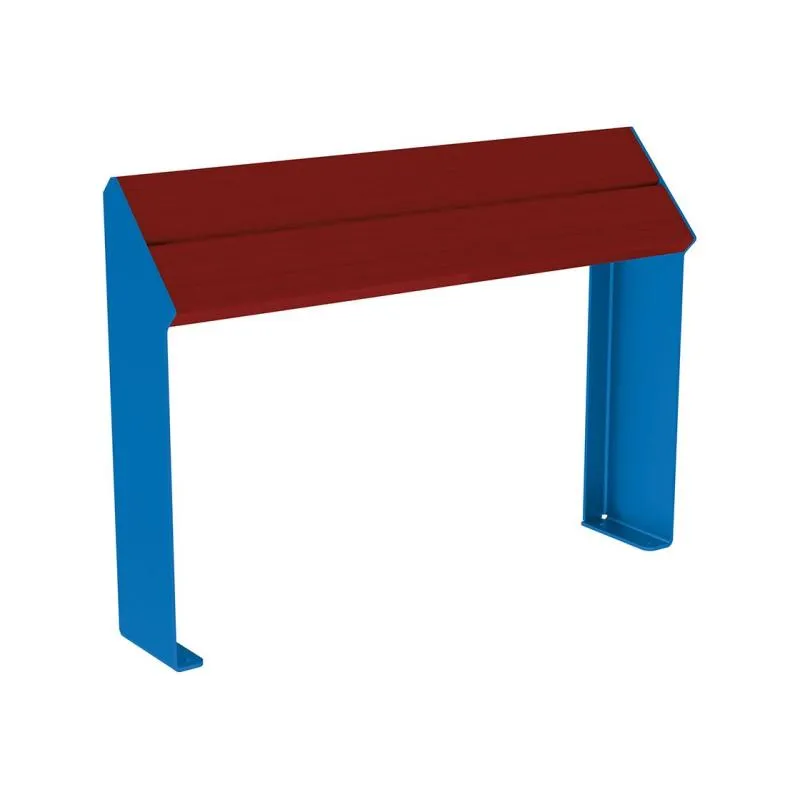 Banquette assis debout assise bois acajou et structure acier bleu