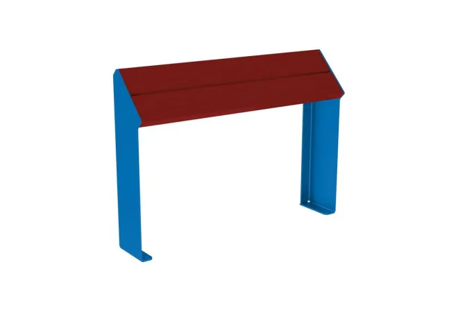 Banquette assis debout assise bois acajou et structure acier bleu