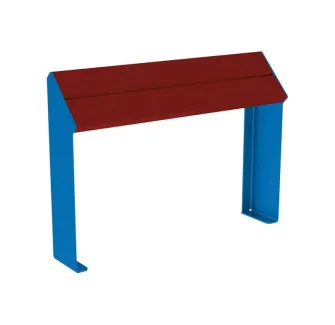 Banquette assis debout assise bois acajou et structure acier bleu