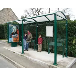 Abri bus Estoril en métal vert avec assis debout pommeaux Agora