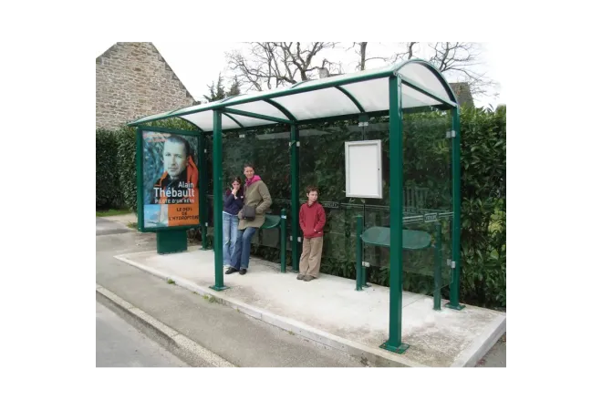 Abri bus Estoril en métal vert avec assis debout pommeaux Agora
