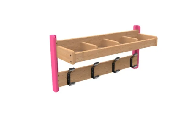 Porte-manteaux crèche 4 patères et casiers, finition framboise Porte-manteaux crèche 4 patères et casiers, finition framboise