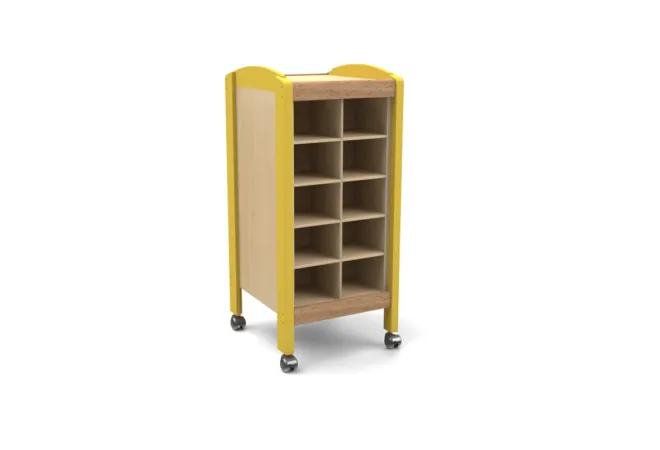 Meuble de rangement doudous 20 cases double face finition jaune Meuble de rangement doudous 20 cases double face finition jaune