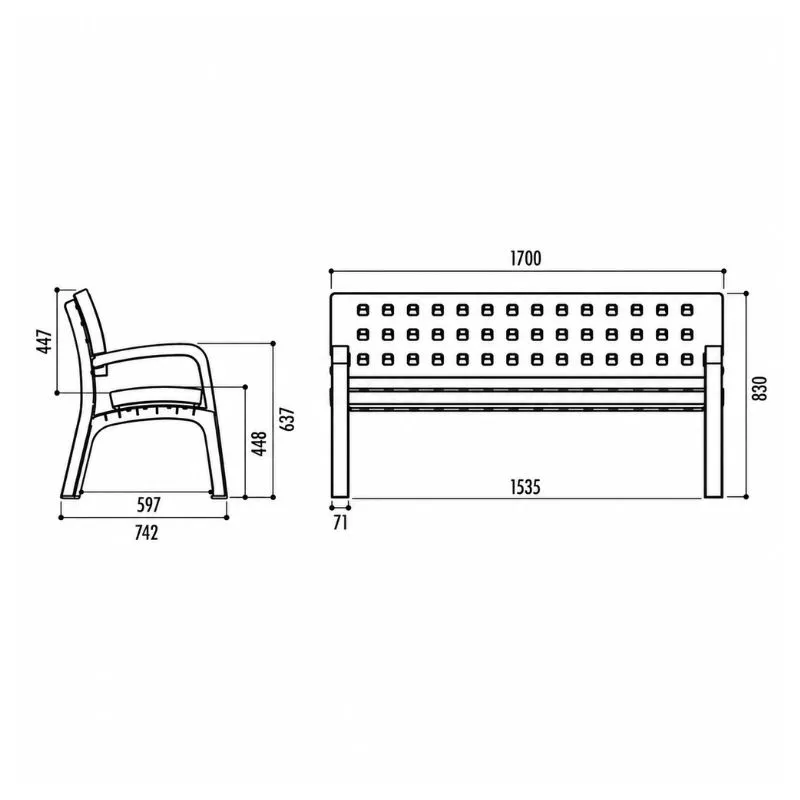 Dimensions du banc de ville en plastique recyclable