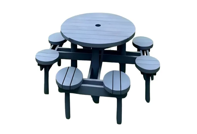 Table de pique-nique ronde en bois avec sièges intégrés Table de pique-nique ronde en bois avec sièges intégrés