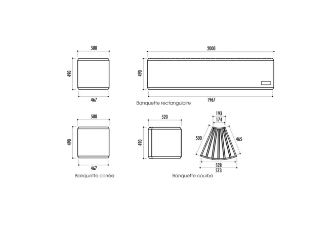 Dimensions de la banquette et des modules disponibles sur devis Dimensions de la banquette et des modules disponibles sur devis
