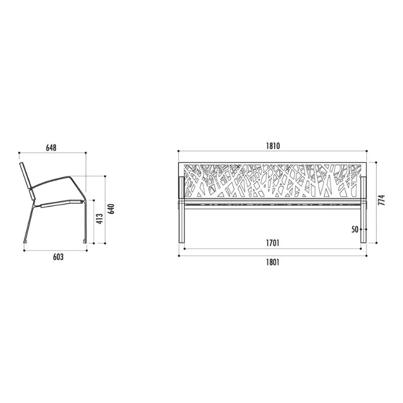 Dimensions du banc urbain en acier et fonte