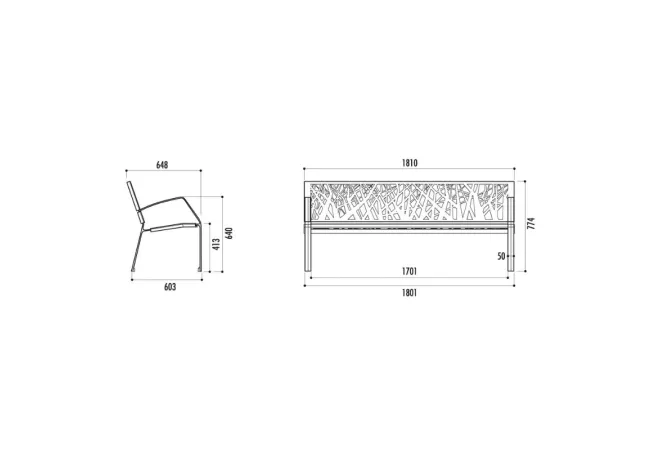 Dimensions du banc urbain en acier et fonte