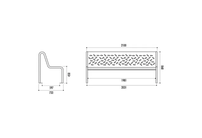 Dimensions du banc urbain en acier perforé Dimensions du banc urbain en acier perforé