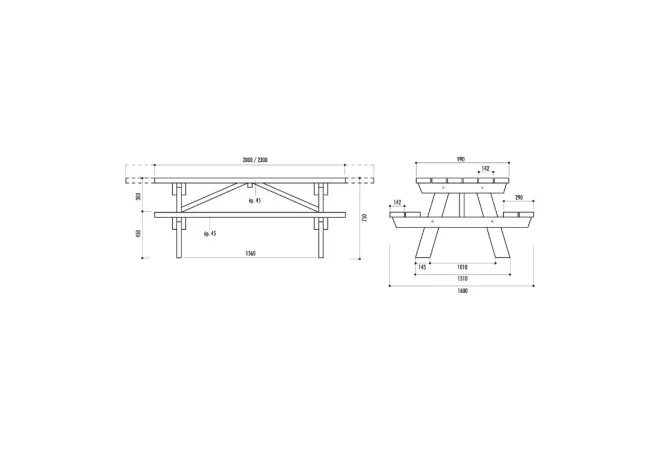 Dilensions des 2 versions de la table en bois pique-nique Dilensions des 2 versions de la table en bois pique-nique