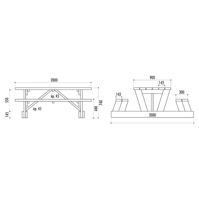 Dimensions de la table avec bancs en bois
