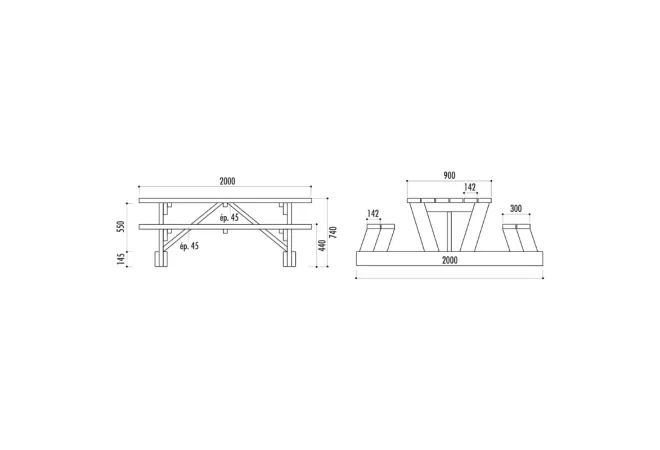 Dimensions de la table avec bancs en bois
