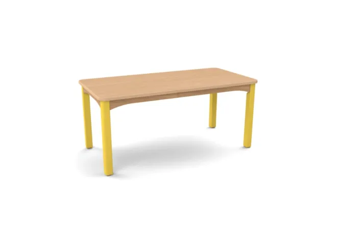 Table d'école maternelle plateau rectangle verni et piétement jaune Table d'école maternelle plateau rectangle verni et piétement jaune