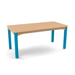 Table scolaire avec plateau rectangle en hêtre verni et piétement bleu Table scolaire avec plateau rectangle en hêtre verni et piétement bleu