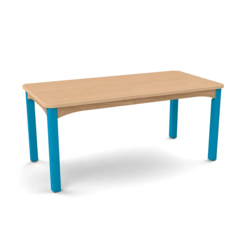 Table scolaire avec plateau rectangle en hêtre verni et piétement bleu Table scolaire avec plateau rectangle en hêtre verni et piétement bleu