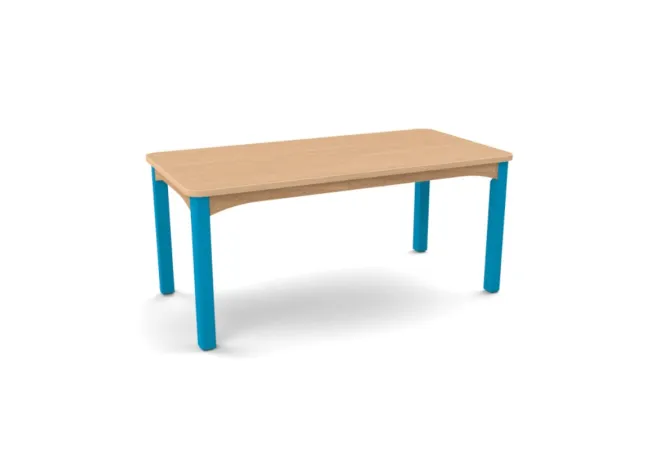 Table scolaire avec plateau rectangle en hêtre verni et piétement bleu Table scolaire avec plateau rectangle en hêtre verni et piétement bleu